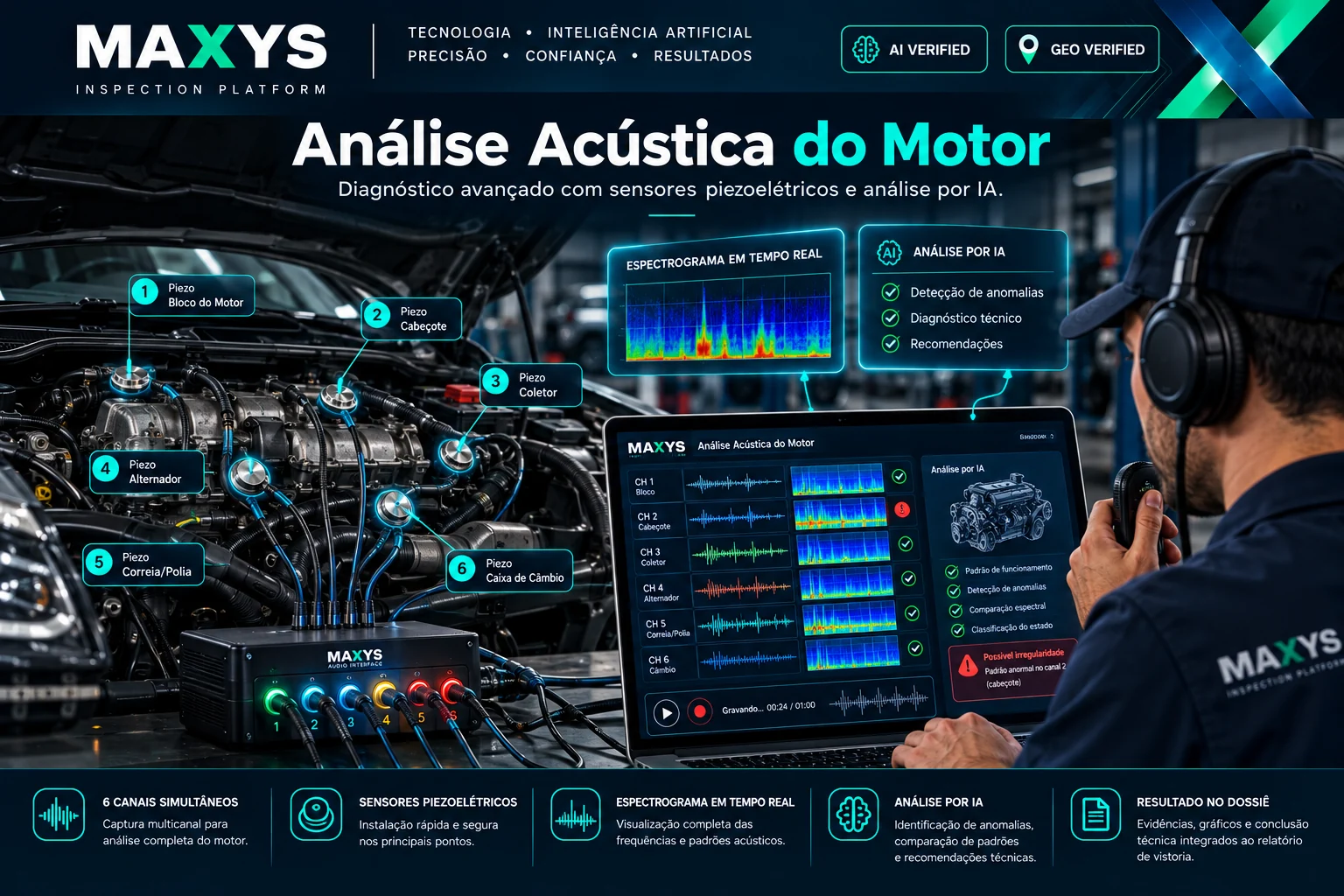 Conceito demonstrativo do MAXYS Acoustic com sensores piezoelétricos, seis canais e espectrogramas
