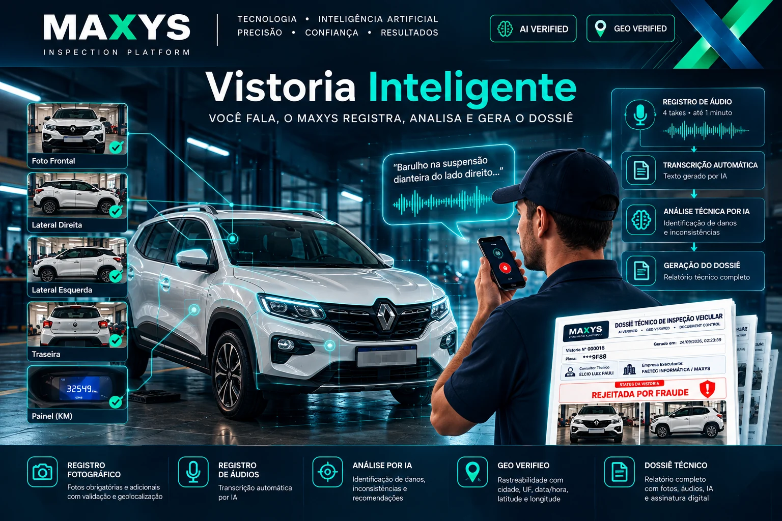 Consultor registrando observações de voz durante a vistoria de um SUV